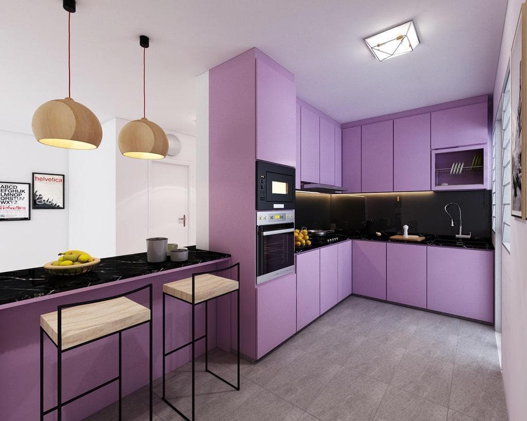 Modern lavender kitchen with black marble and pendant lights