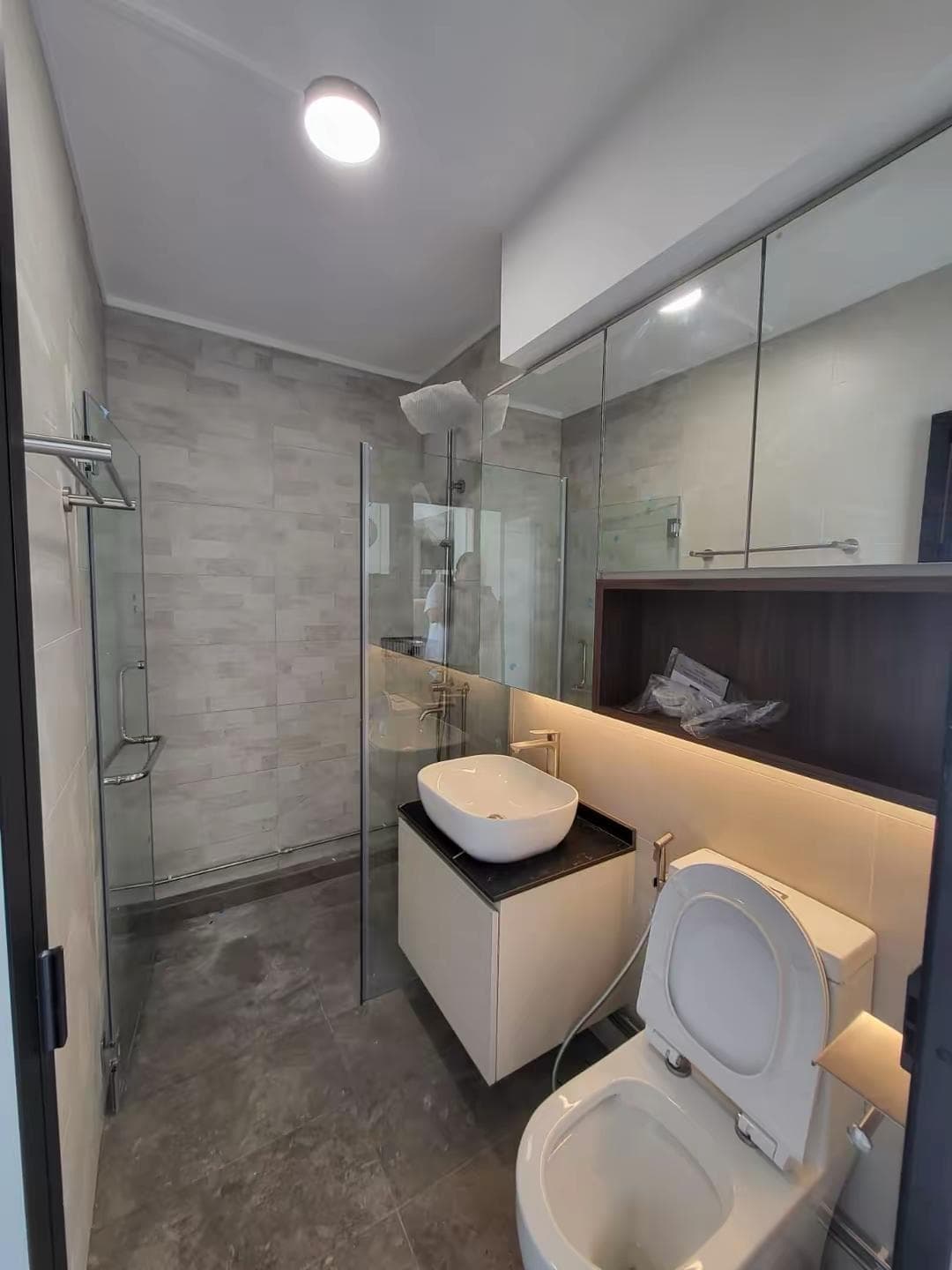 Modern bathroom with glass shower and floating vanity