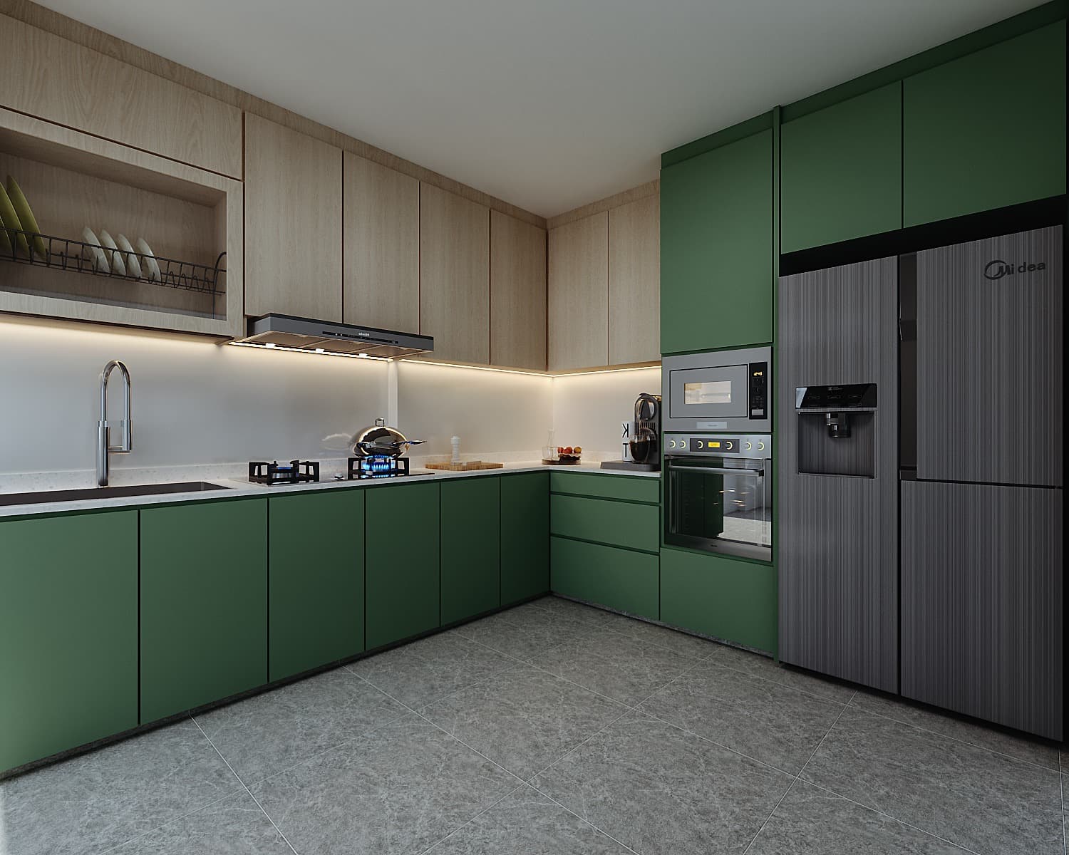Modern sage green kitchen with wood accents and built-in appliances
