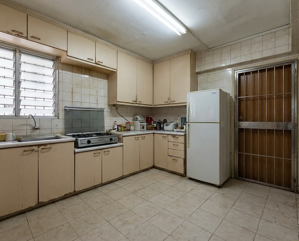 Old HDB kitchen with dated beige cabinets and worn tiles